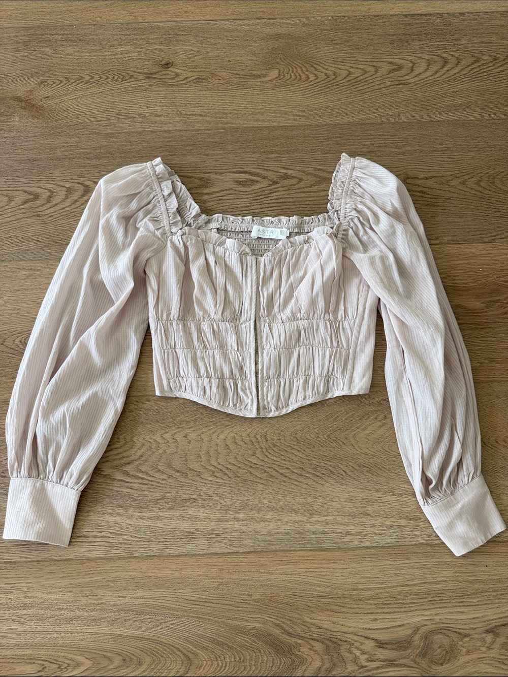 Astr Pale Blush Pink Long-Sleeve Smocked Crop Top